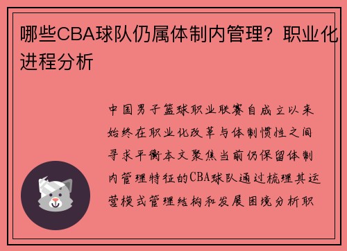 哪些CBA球队仍属体制内管理？职业化进程分析