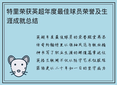 特里荣获英超年度最佳球员荣誉及生涯成就总结